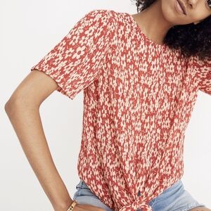 Madewell Red and White Smocked Tie Front Blouse